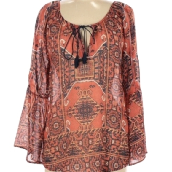 Miss Me Womans‎ Coral Tribal Boho Semi Sheer Top Size Medium - Picture 1 of 12